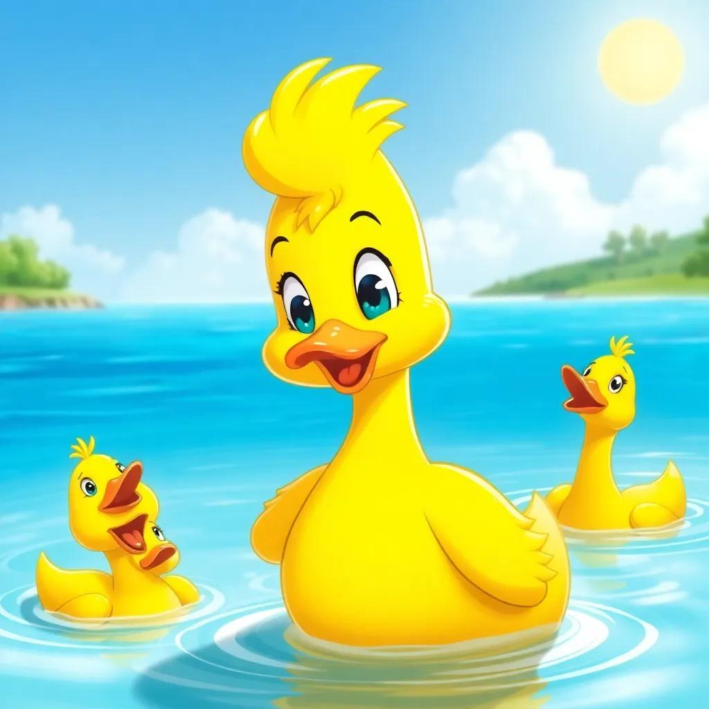 Lolo, a cute duck with bright yellow feathers, encouraging her friends to swim towards the other side of the lake, sunny day, friendly and adventurous expressions, illustration, lively, inviting scene, child-friendly