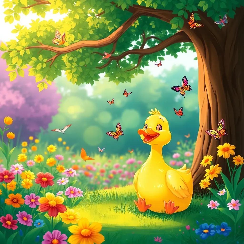 A beautiful duck named Layla with shiny feathers sitting under a big tree in a vibrant garden, singing joyfully with butterflies and birds around her, colorful flowers blooming, digital art, cheerful colors, warm sunlight, inviting atmosphere, high quality