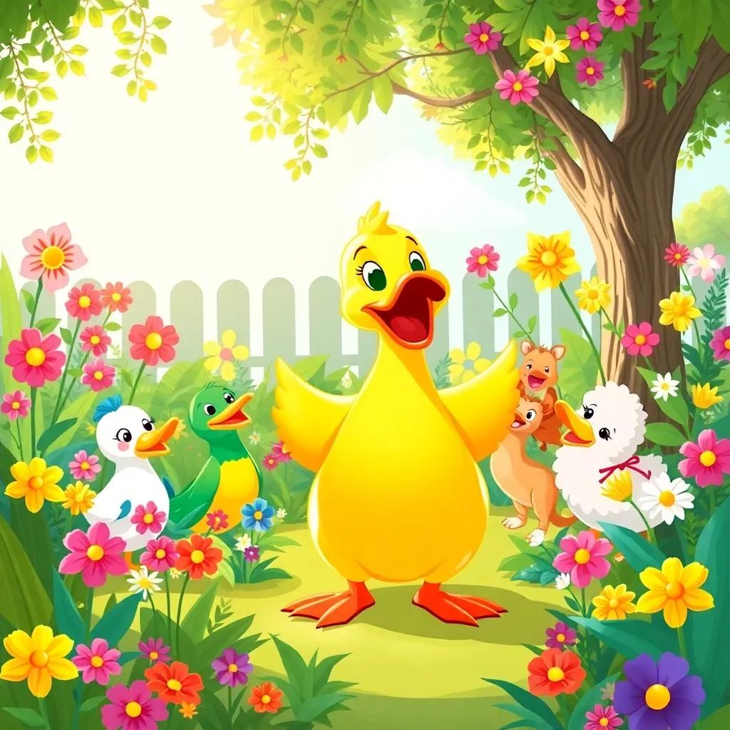 A lively garden filled with cheerful friends gathered around Layla, the beautiful duck, who is leading a joyful sing-along, colorful flowers and greenery, bright sunlight, festive mood, illustration, animated style, welcoming atmosphere, high quality