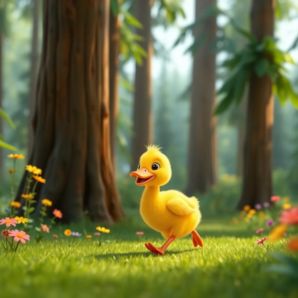 A small yellow duck named Looza, happily walking in a vibrant green forest with tall trees and colorful flowers, cheerful atmosphere, digital art, bright colors, child-friendly