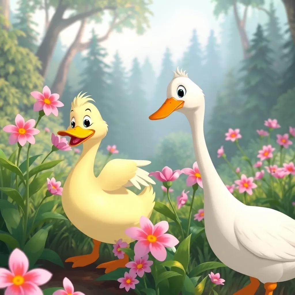 Looza the duck and Georgia the goose playfully gathering beautiful pink flowers in a lush forest, enjoying their time together, cheerful mood, whimsical style, warm light