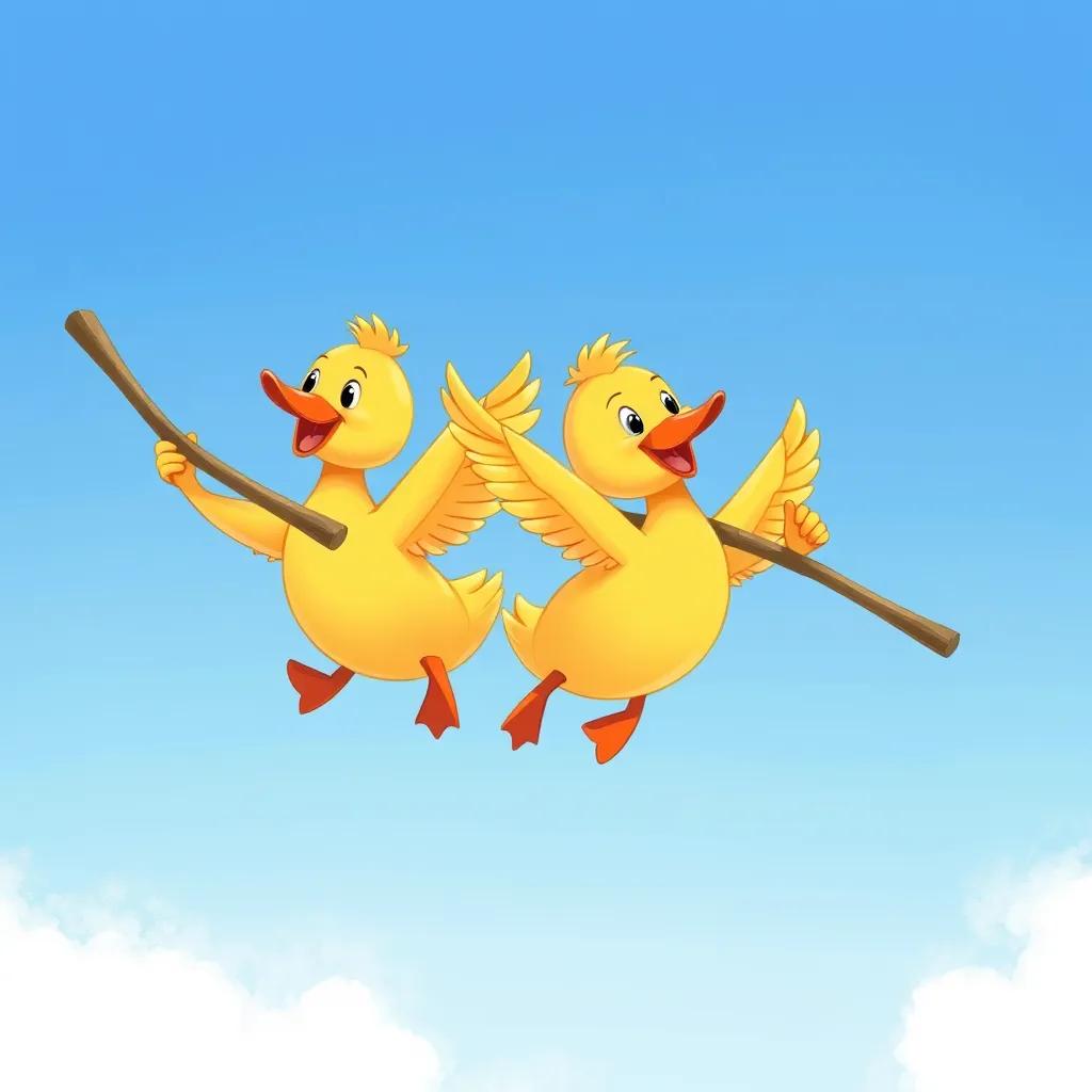 Two ducks flying in a blue sky, each duck holding an end of a long wooden stick, vibrant colors, joyful scene, digital art, cheerful atmosphere, high quality