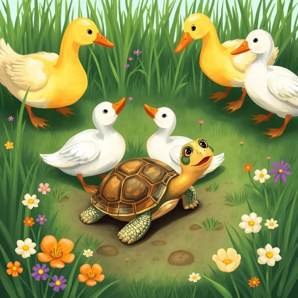 A curious turtle on the ground looking up at the ducks, surrounded by green grass and flowers, bright colors, friendly environment, detailed illustration, child-friendly