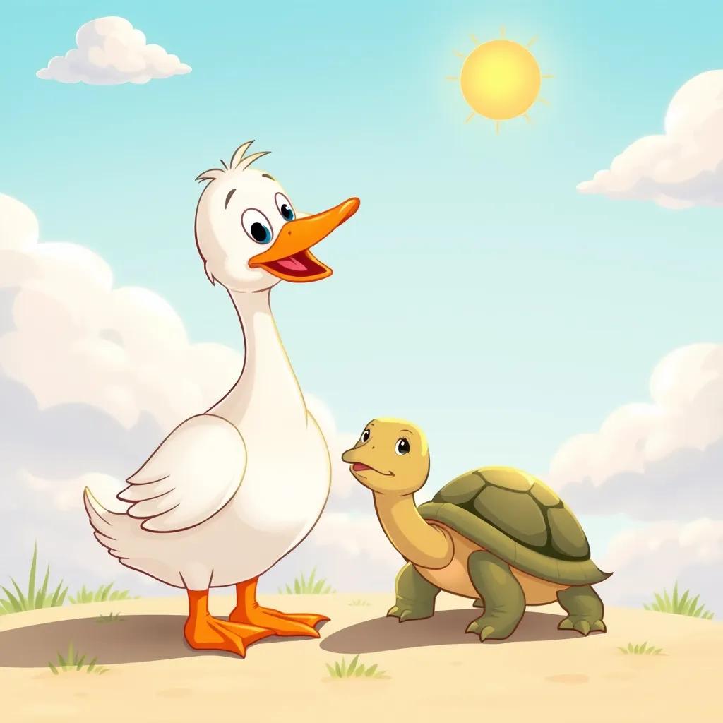 One duck talking to the turtle, smiling and inviting, with a clear sunny sky and fluffy clouds, warm light, cheerful colors, engaging perspective, high quality