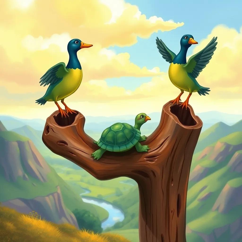The wooden stick with the turtle sitting in the middle, the two ducks on either side flying high above a beautiful landscape, vivid colors, fantasy scene, detailed art, uplifting mood