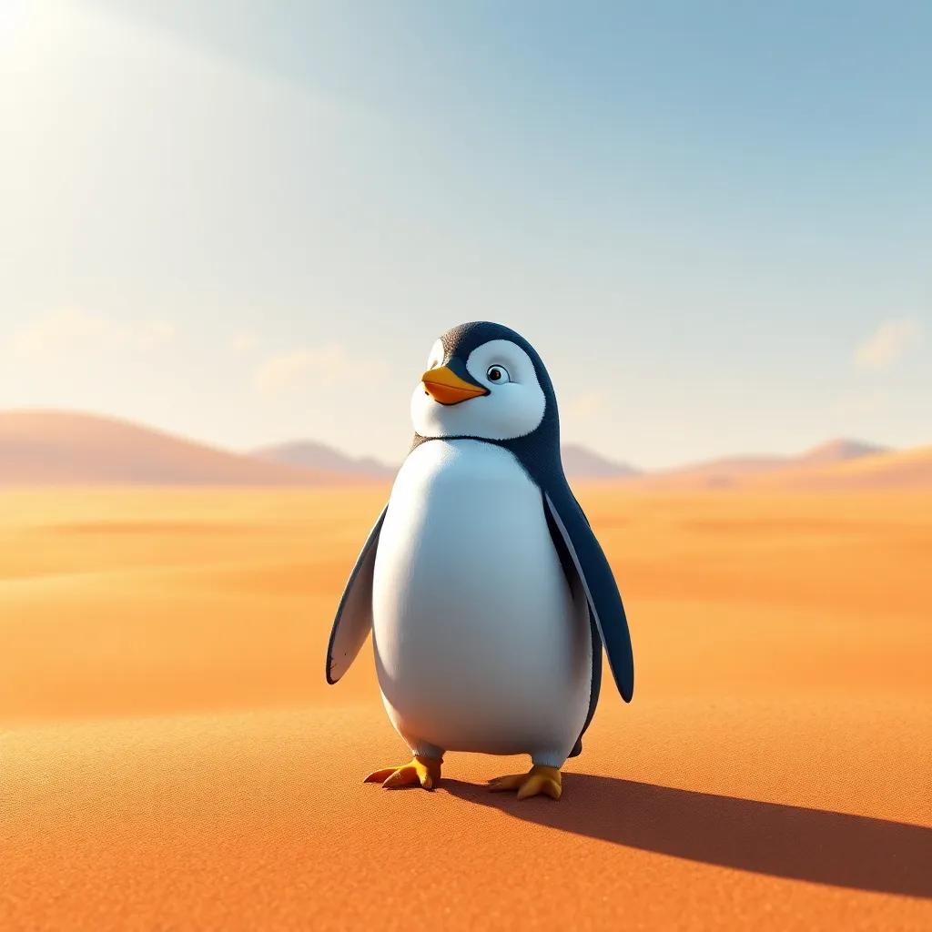 A small penguin named Bibi, standing alone in the vast desert, looking confused and lost, digital art, warm colors, bright sunlight, wide landscape, high quality