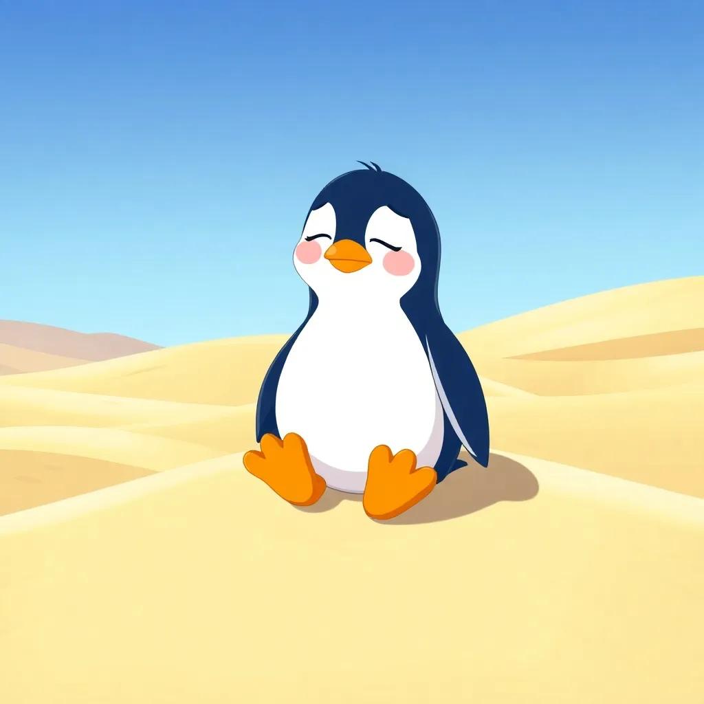 Bibi the penguin sitting on a sandy dune, feeling sad and looking at the endless sand around him, digital illustration, cheerful colors, whimsical, child-friendly