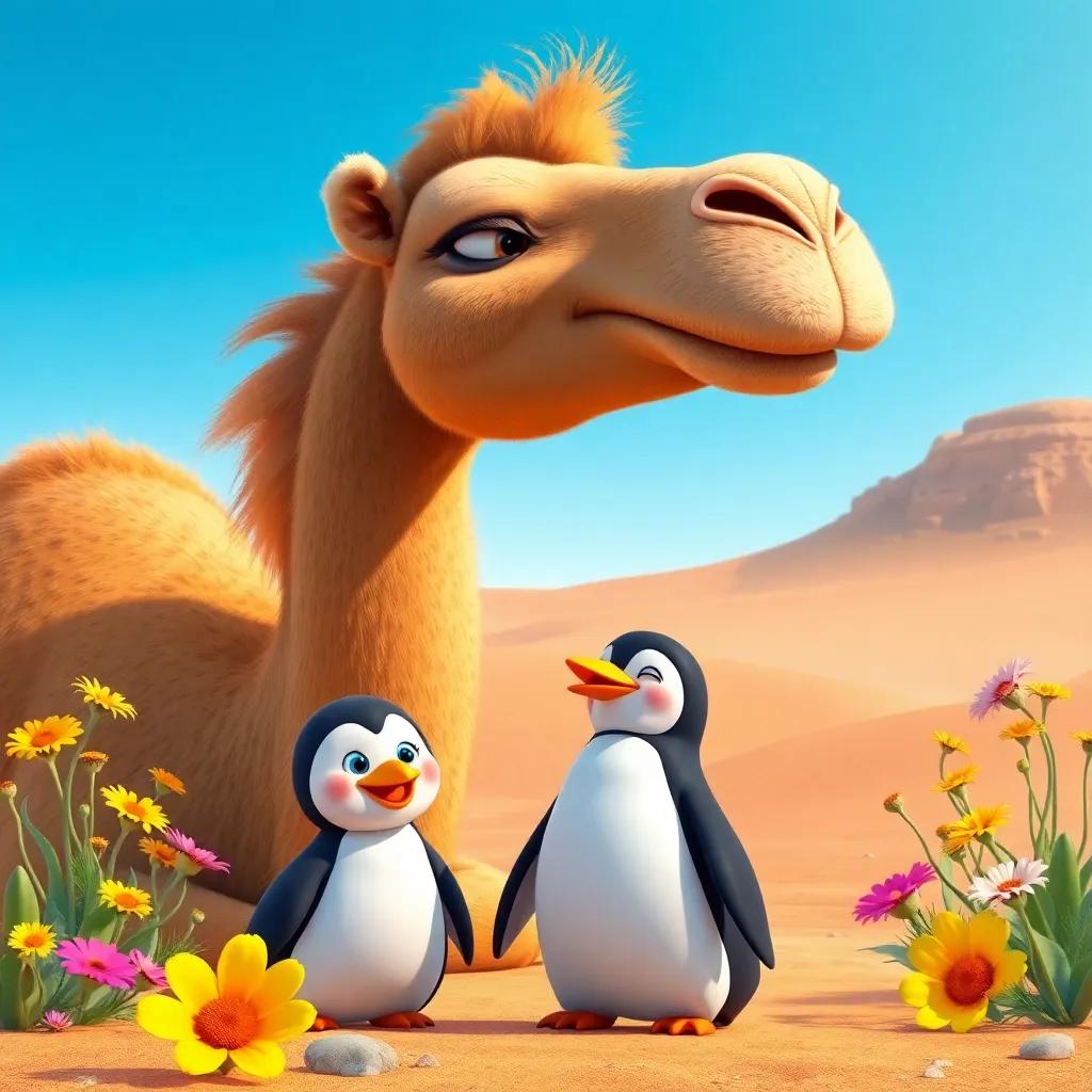 A large camel smiling at Bibi the penguin, with desert flowers around, a blue sky above, digital art, vibrant colors, joyful atmosphere, high quality