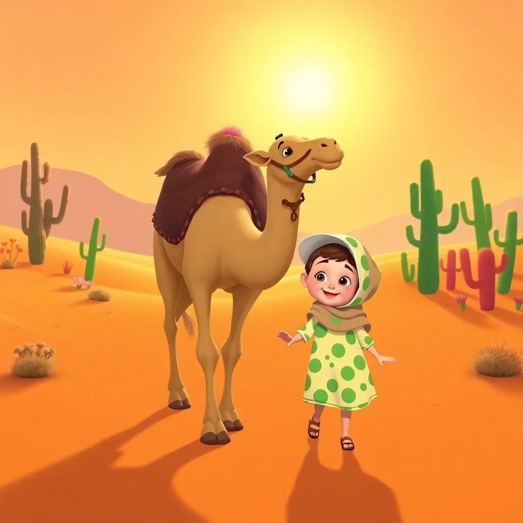Bibi and the camel walking together in the desert, the sun shining bright, colorful cacti in the background, illustration, cheerful mood, adventure-themed, high quality