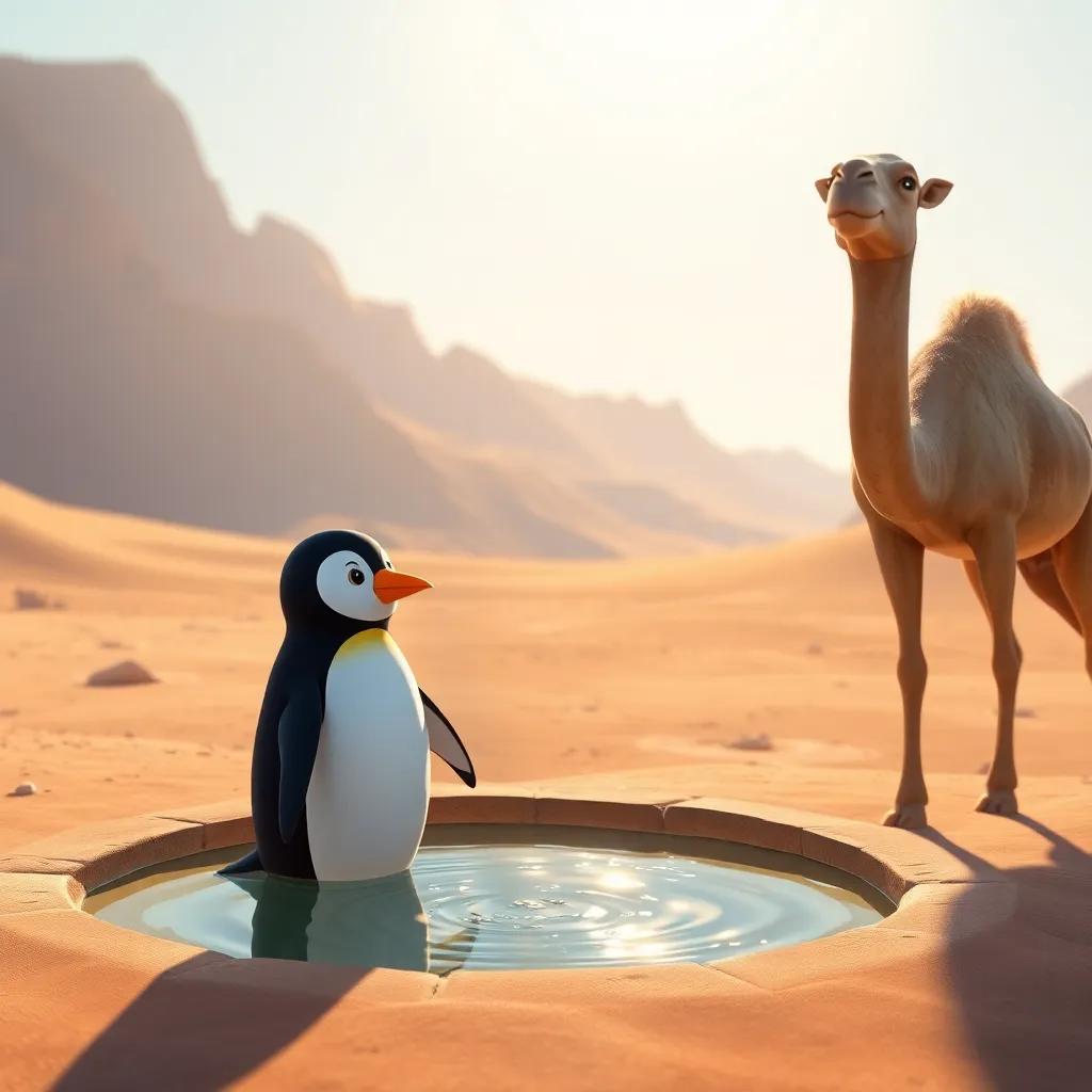 Bibi the penguin and the camel finding a refreshing water well in the middle of the desert, sunlight sparkling on the water, digital illustration, bright and inviting, high quality