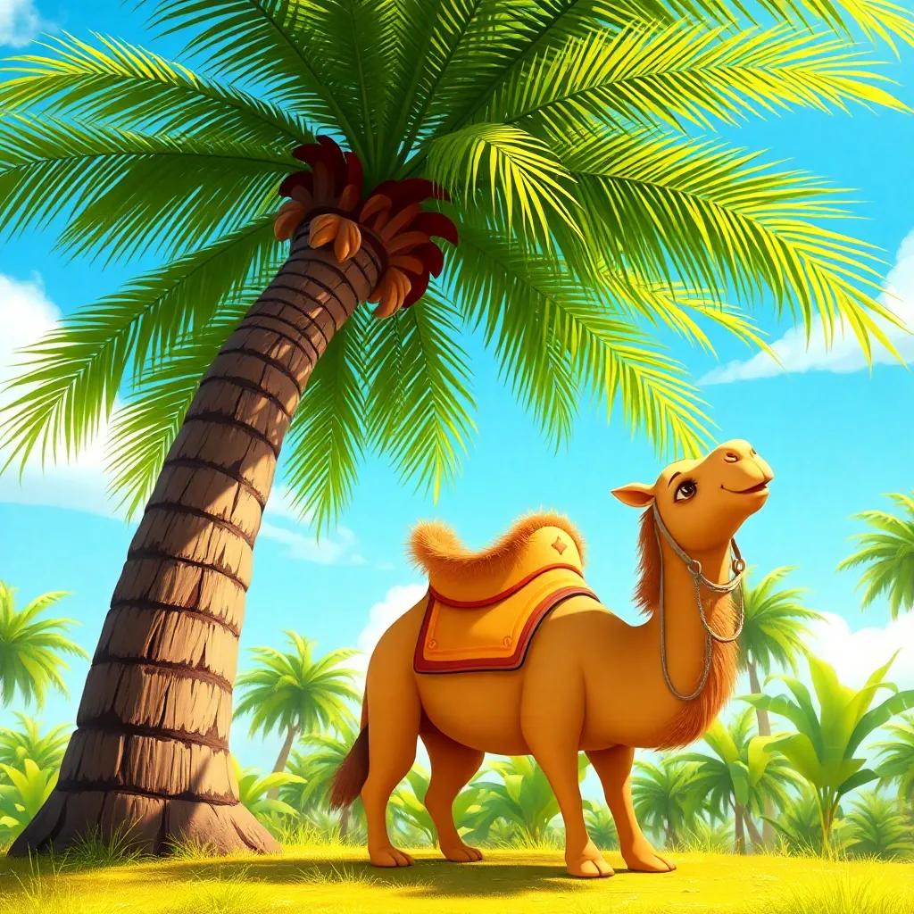 Bibi and the camel enjoying the shade under a tall palm tree, with lush green leaves and a vibrant blue sky, digital painting, lively colors, friendly vibe, high quality