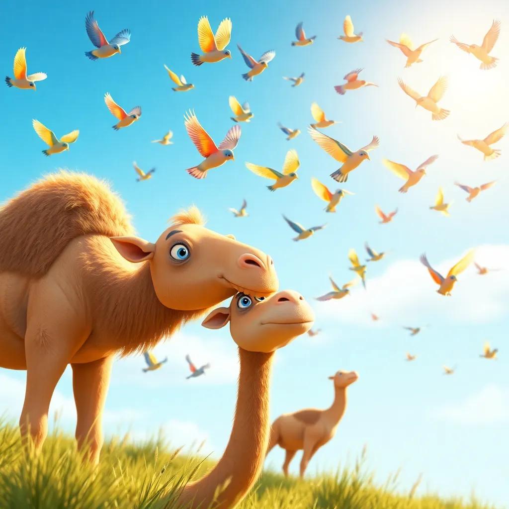 A flock of colorful birds flying above Bibi and the camel, surrounded by the sound of chirping, bright blue sky, digital art, cheerful and lively, high quality