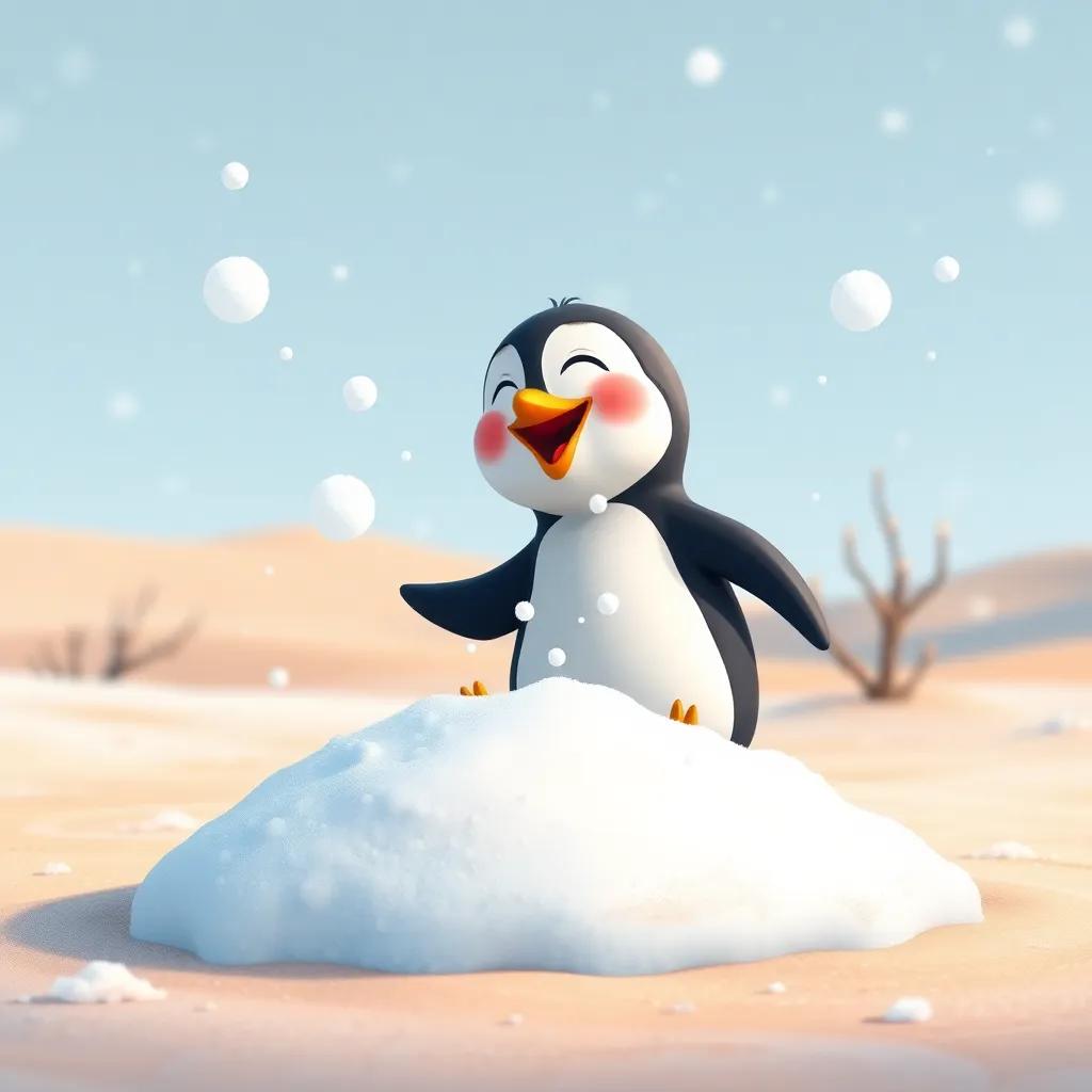 Bibi the penguin happily playing in a small pile of snow found in the desert, making snowballs and laughing, digital illustration, snowy atmosphere, whimsical, high quality