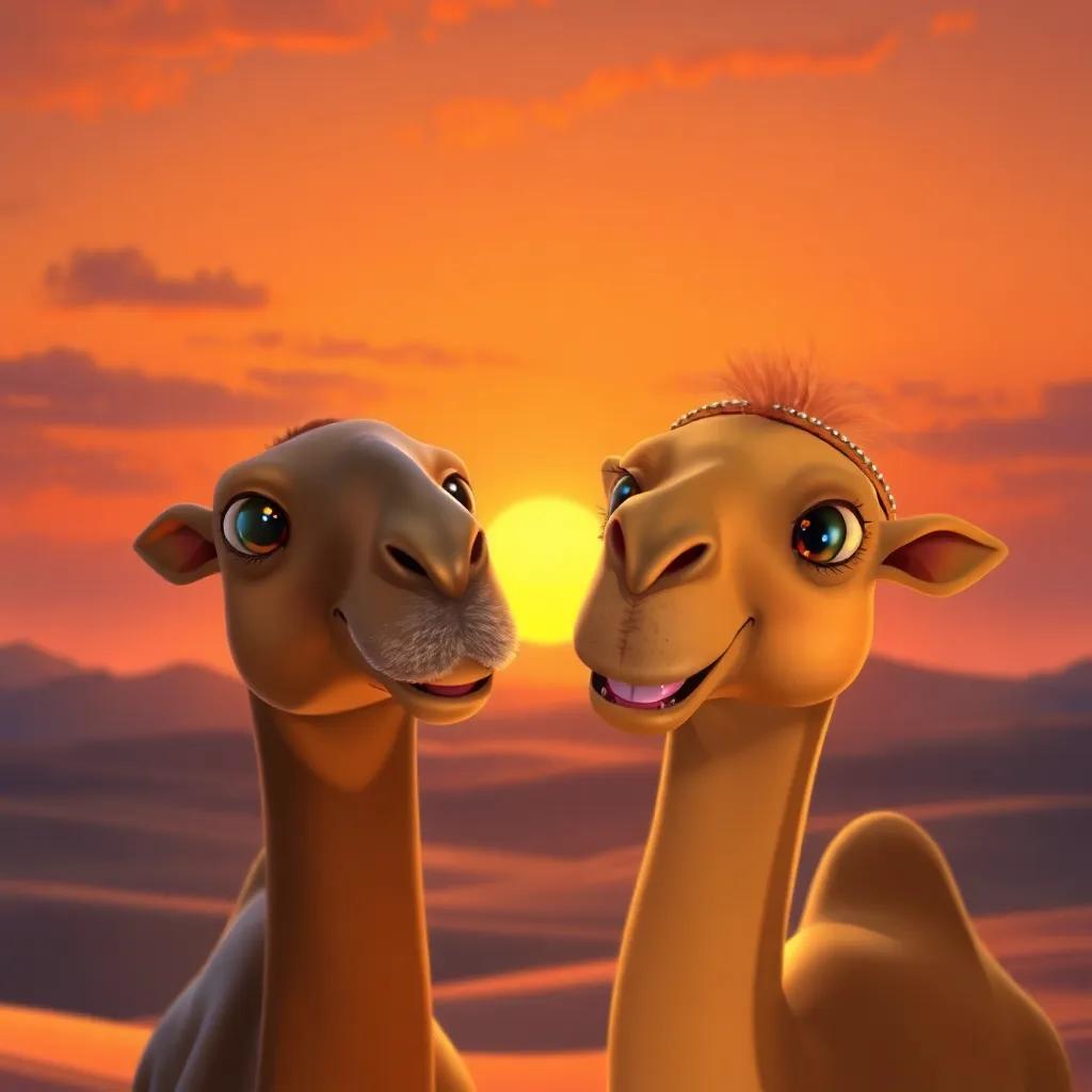 Bibi and the camel smiling at the sunset, the desert landscape glimmering in twilight, warmth in the air, digital painting, heartwarming, high quality