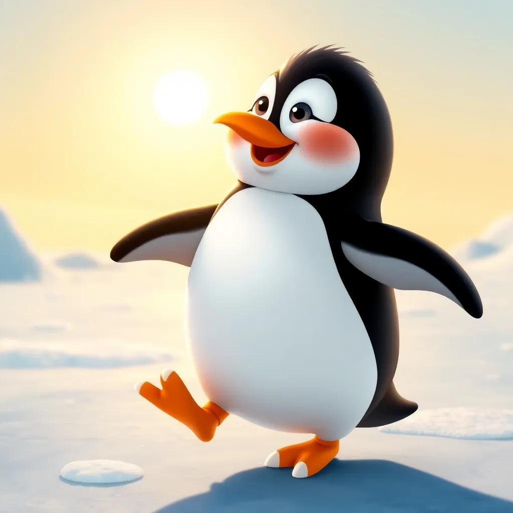 A cheerful penguin, Bill, with a shiny black and white coat, joyfully waddling on the icy surface under a bright sun, playful atmosphere, happy and warm colors, engaging scene, cheerful vibe