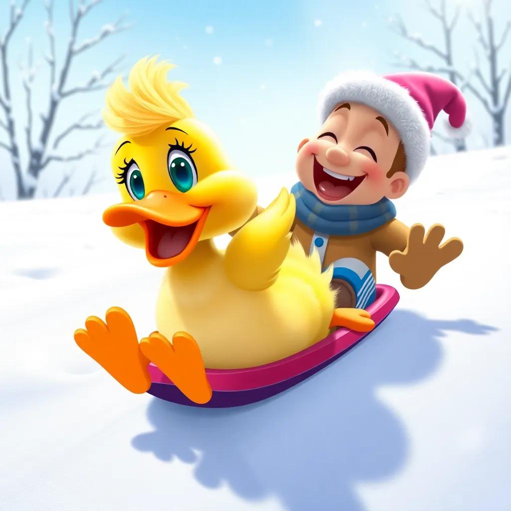 A playful duck, Daisy, with soft yellow feathers and bright orange beak, sliding down a snowy hill beside Bill, both laughing and having fun, vibrant winter scenery, energetic, whimsical art style