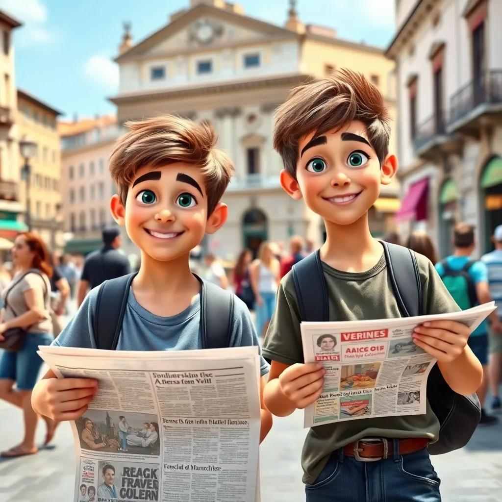 Two young boys, Jacob aged 13 and Nicola aged 10, selling newspapers in a busy Verona square, energetic and focused, wearing casual clothes, happy expressions, vibrant summer day, street view, charming