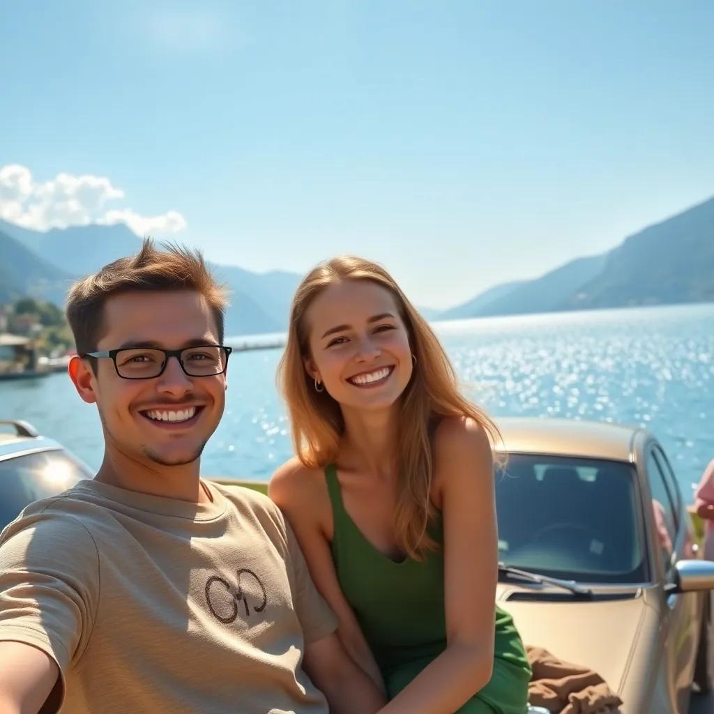 A scenic view of Lake Garda with Jacob and Nicola smiling, cars parked beside, sparkling blue water, bright sunlight illuminating their faces, joyful atmosphere, picturesque landscape, high quality