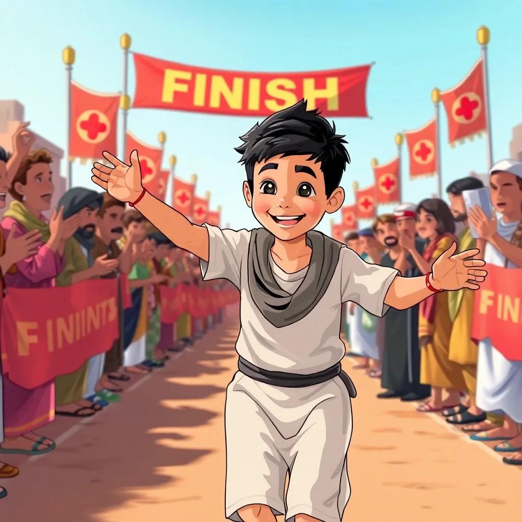 Mazen, a young Arab boy with short black hair in simple clothes, crossing the finish line of a race surrounded by cheering villagers, with bright banners and festive atmosphere, illustration, cheerful, inspiring, high quality