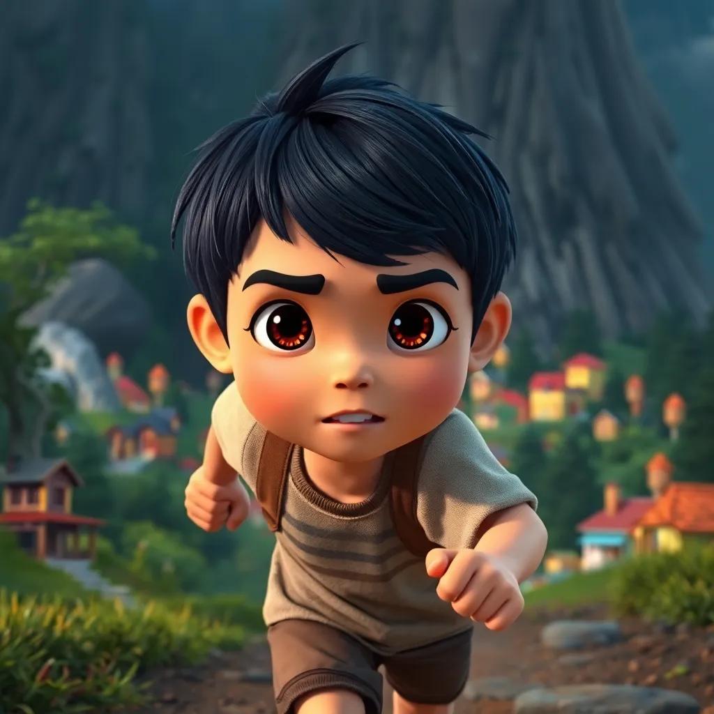 A brave young boy, Sami, with short black hair and bright eyes, running towards a dark forest with a determined look, colorful village in the background, digital art, vibrant colors, adventurous atmosphere, high quality