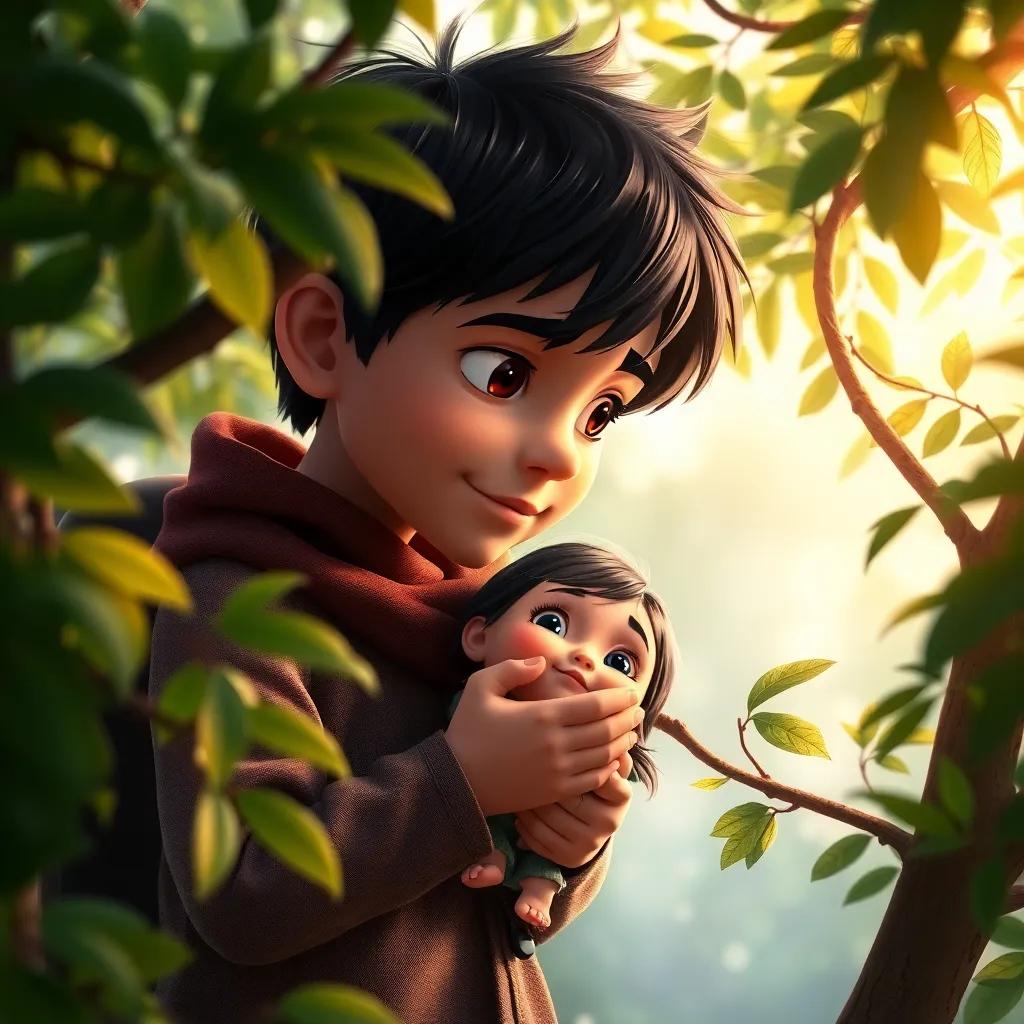 A heroic young boy, Sami, with short black hair, gently helping a small girl trapped in branches with a kind expression, surrounded by green trees, warm light, magical atmosphere, close-up view, heartwarming scene