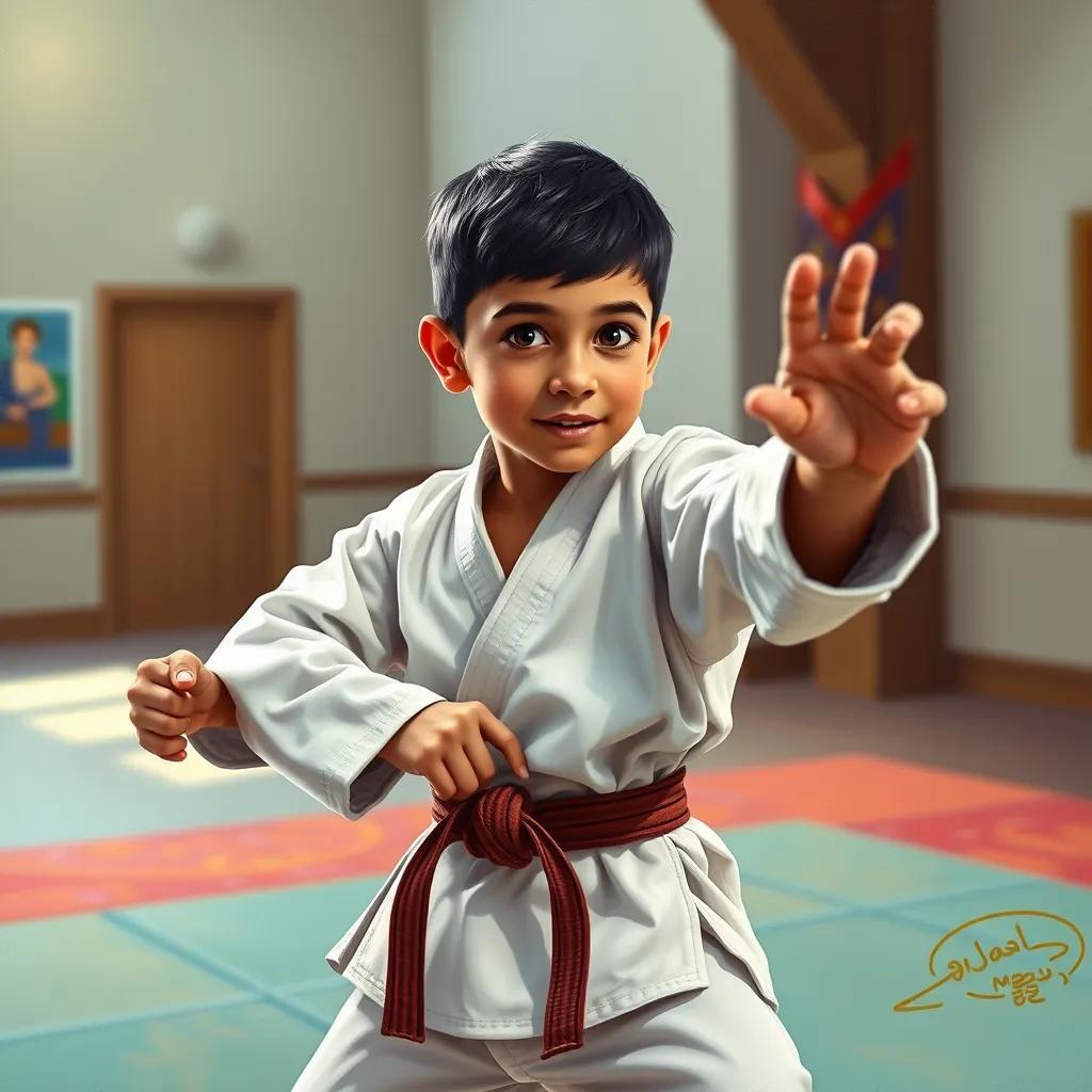A young Arab boy, Sami, with short black hair, wearing a white karate gi, practicing karate moves on a training mat, bright and cheerful atmosphere, detailed digital art, warm colors, inviting