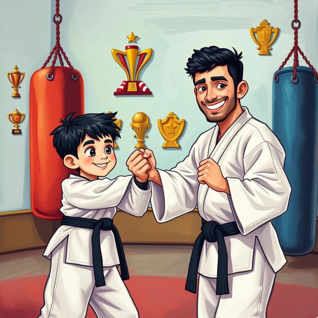 Sami, a young Arab boy with short black hair, training with his coach Hossam, both smiling in a karate dojo with punching bags and trophies in the background, vibrant, child-friendly illustration