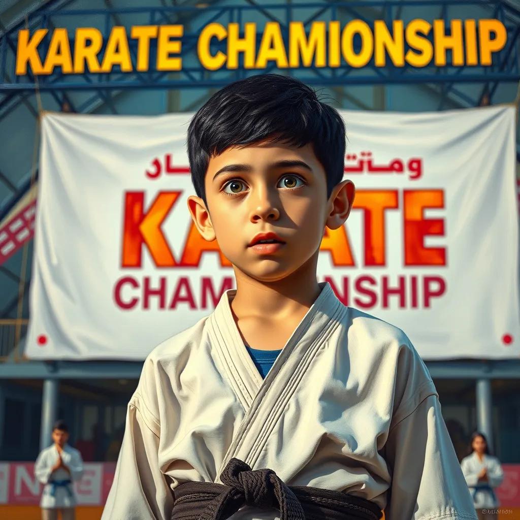 Sami, a young Arab boy with short black hair, looking excited and nervous before a karate competition, standing in front of a large sign for the karate championship, colorful, motivational view
