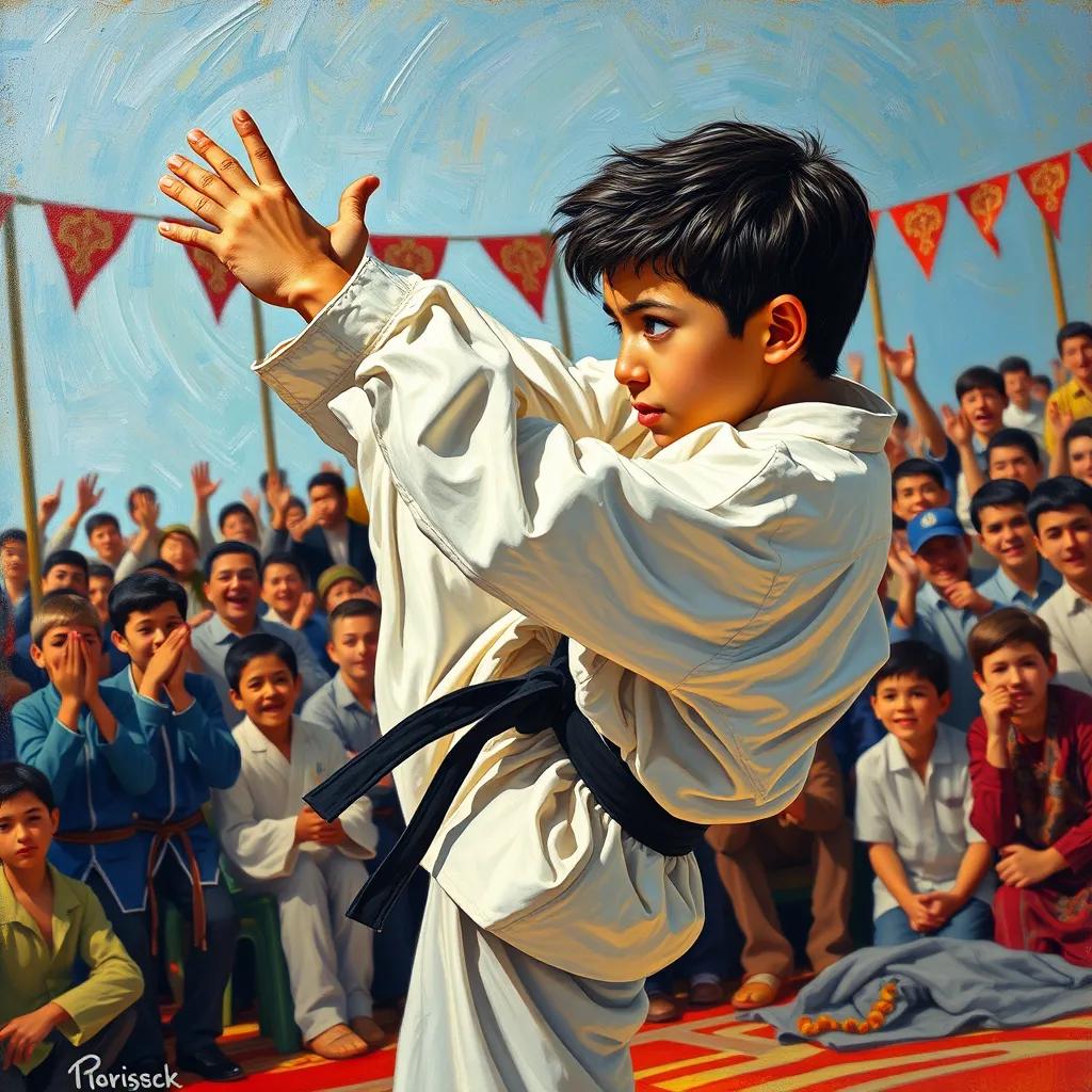 Sami, a young Arab boy with short black hair, performing a karate kick with focus and determination in front of cheering crowd, bright colors, energetic scene, high quality