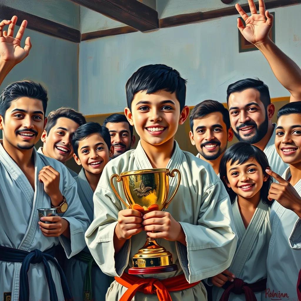 Sami, a young Arab boy with short black hair, holding a trophy in celebration with his friends and coach at the dojo, joyful atmosphere, rich colors, uplifting imagery