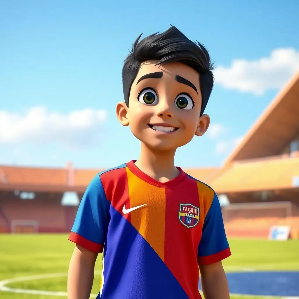 A young Arab boy, Samy, with short black hair and wearing a colorful sports jersey, standing on a soccer field looking excited, digital art, bright colors, sunny day, cheerful atmosphere, high quality
