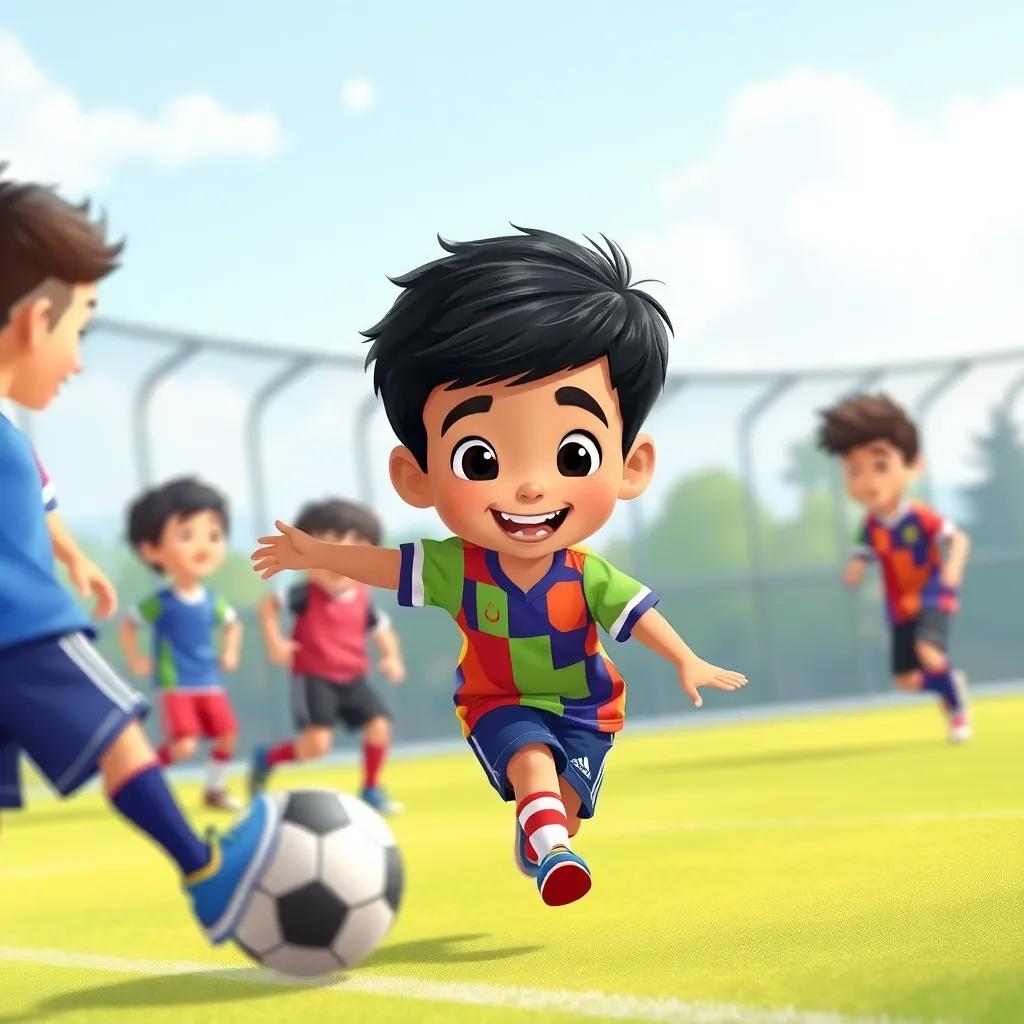 A young Arab boy, Samy, with short black hair, wearing a colorful sports jersey, practicing with other kids on a soccer field, smiling and kicking the ball, illustration, fun, action-packed, child-friendly