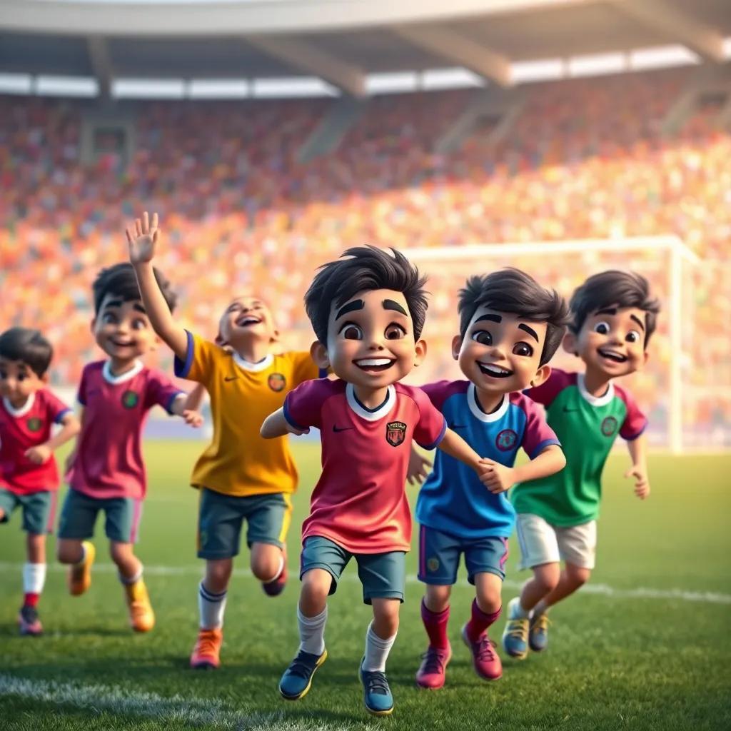 A group of young Arab children, including Samy, wearing colorful jerseys, celebrating together on the soccer field after a goal, joyful expressions, colorful, dynamic scene, heartwarming, high quality
