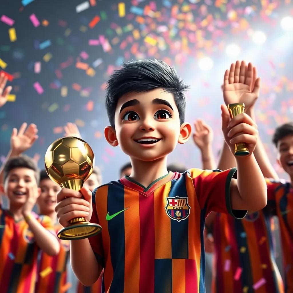 A young Arab boy, Samy, with short black hair, wearing a colorful sports jersey, holding a trophy with his teammates celebrating around him, bright lights, colorful confetti, joyful atmosphere, uplifting moment, high quality