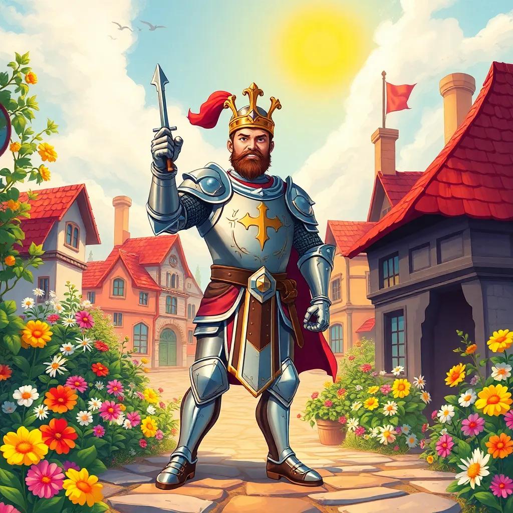 A brave hero, Ali, dressed in shining armor, standing heroically in a small village surrounded by bright flowers and sunny skies, illustration, vibrant colors, cheerful atmosphere, high quality