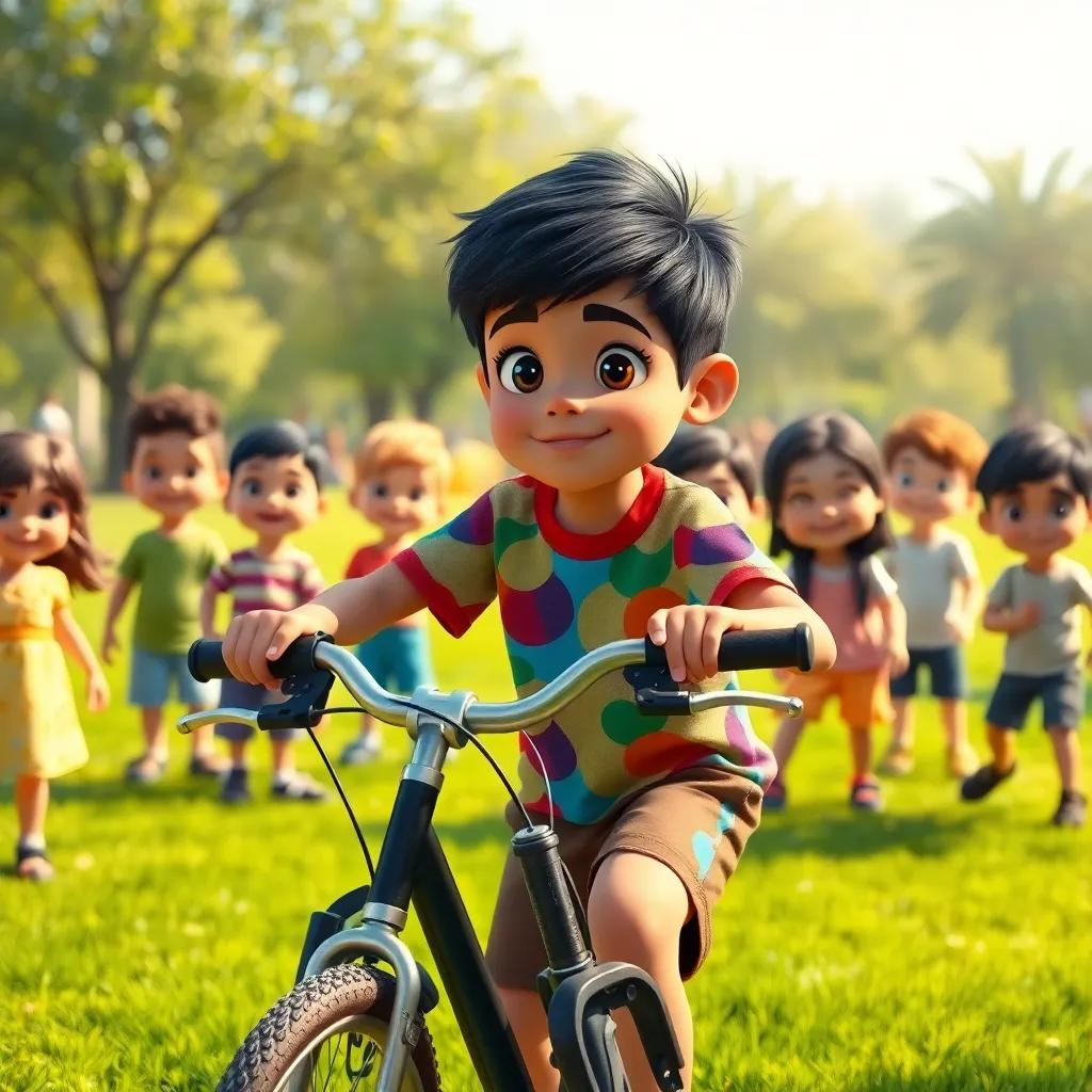 A young Arab boy, Sami, with short black hair, wearing a colorful t-shirt and shorts, fixing a broken bicycle surrounded by cheerful children in a sunny park, digital art, bright colors, inviting atmosphere, high quality