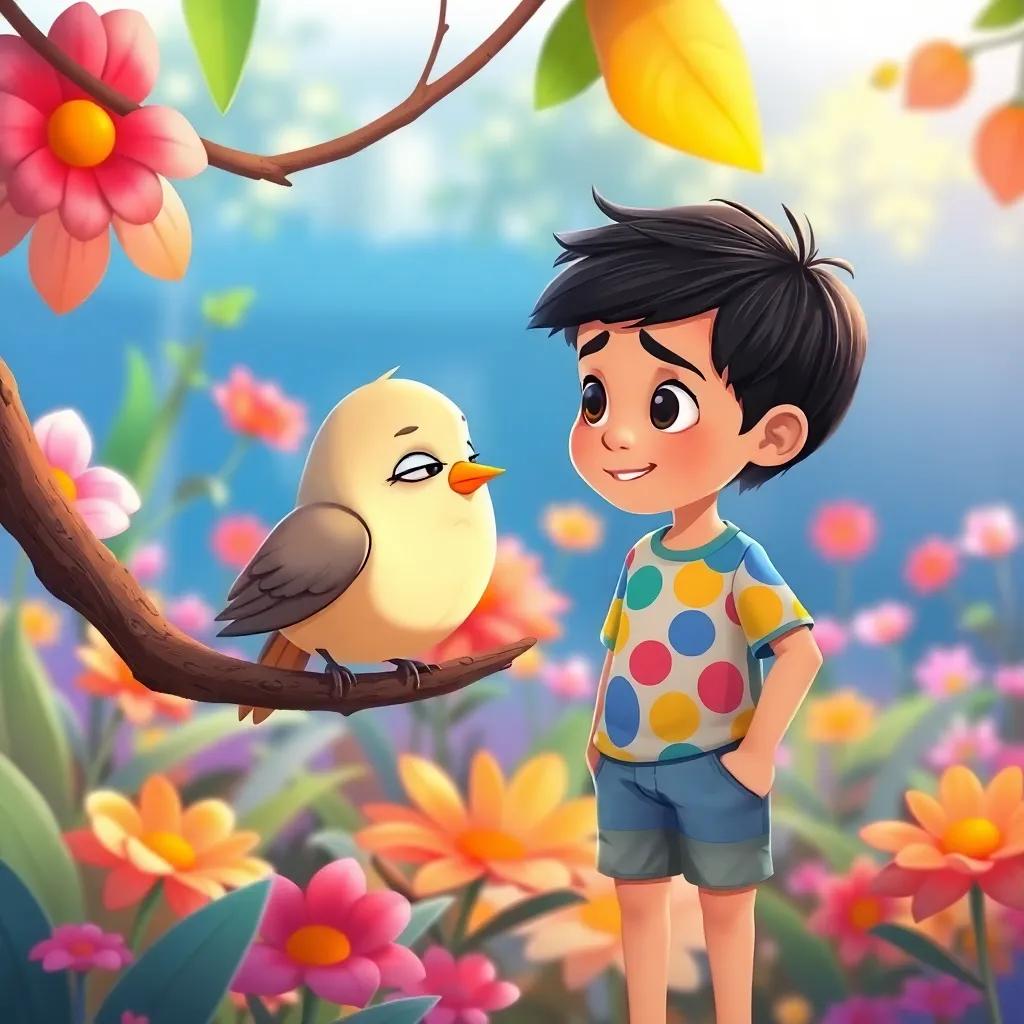 A small bird, looking sad, sitting on a branch, talking to Sami, a young Arab boy with short black hair in a colorful t-shirt and shorts, in a vibrant garden, illustration, cheerful, heartwarming scene, child-friendly