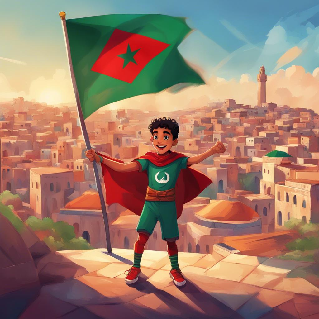 A heroic Moroccan boy, Sami, in a colorful superhero costume, holding the Palestinian flag and Moroccan flag, standing proudly with the city of Rabat in the background, vibrant colors, joyful atmosphere, digital art, high quality