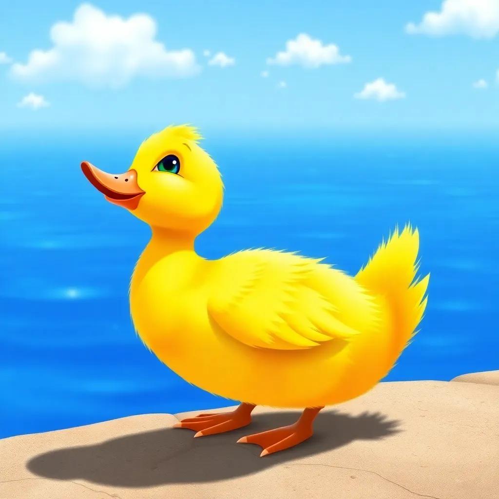 A small duck, bright yellow feathers, standing by the blue lake looking at the clear sky with excitement, illustration, cheerful, vibrant colors, high quality