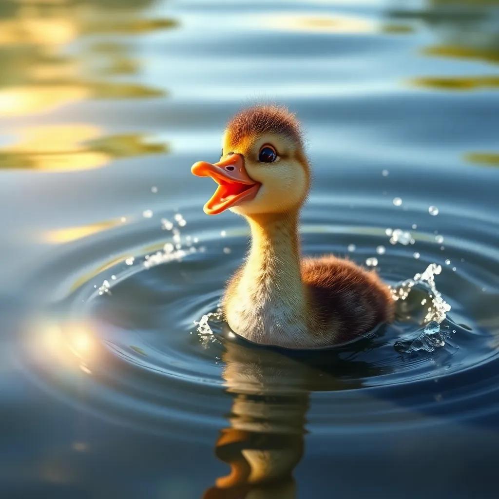 A small duck in the water, taking a deep breath, ready to jump, with splashes around her, bright sunlight reflecting on the water, digital art, vivid and playful, high quality
