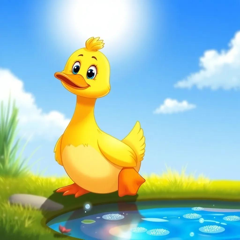 A cute duck named Nadia, with yellow feathers, sitting by a sparkling pond under the clear blue sky, looking thoughtful, illustration, bright colors, cheerful atmosphere, child-friendly