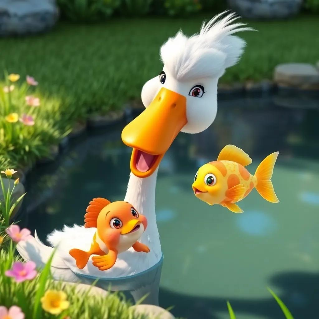 A friendly goose named Zeina, with fluffy white feathers, and a little fish named Lama, colorful and lively, swimming together by the pond with flowers and green grass all around, cheerful, happy environment, child-friendly