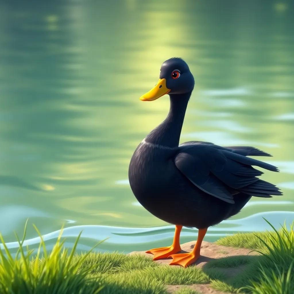 A black duck with shiny feathers, standing by a serene lake, speaking to itself with determination, surrounded by green grass and soft waves, digital art, vibrant colors, hopeful atmosphere, high quality