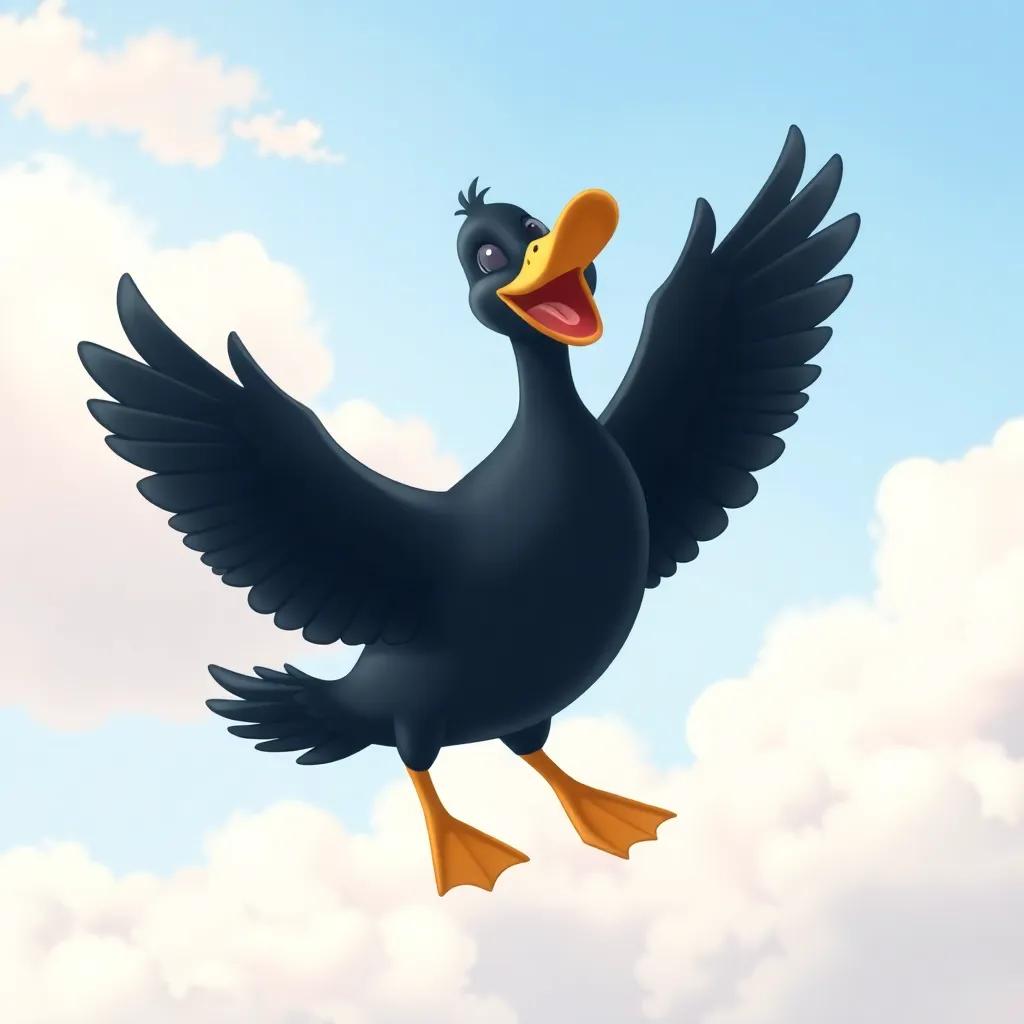 A black duck, flapping its wings joyfully in the sky, with clouds around, showcasing its achievement and happiness, pastel colors, cheerful and bright, child-friendly, vivid detail