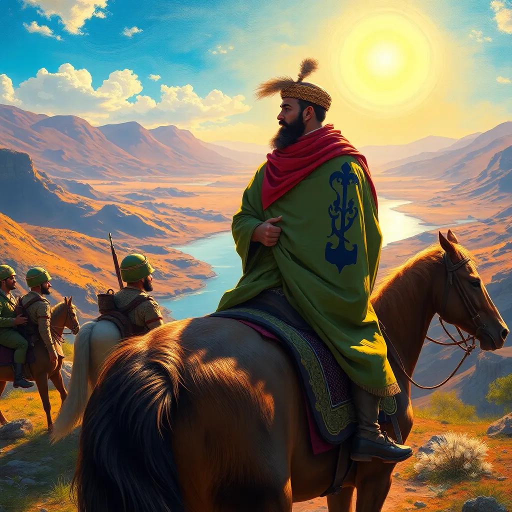 A brave Arab caliph, Abu Ja'far Al-Mansur, riding his horse, surrounded by engineers, looking out at rivers and hills during a sunlit day, digital art, vibrant colors, epic scenery, engaging perspective, high quality