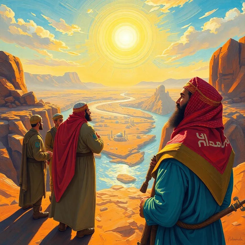 Abu Ja'far Al-Mansur, an Arab caliph, proudly standing with engineers, looking at a beautiful spot between two rivers, the sun shining, excitement in the air, warm colors, uplifting atmosphere, storytelling view, detailed illustration