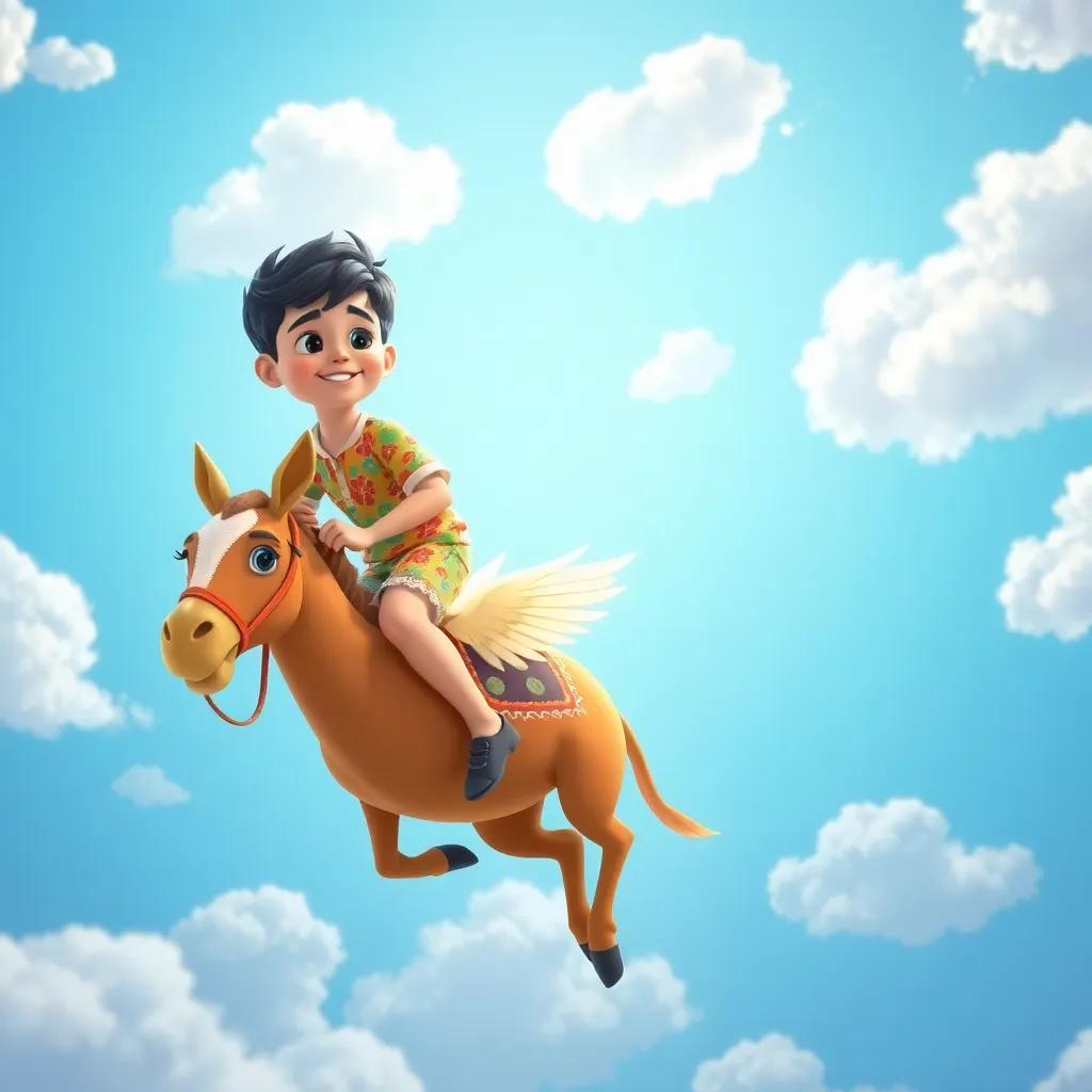 A young Arabic boy, Ali, with short black hair wearing a colorful shirt and shorts, riding a beautiful winged mule soaring through a bright blue sky filled with fluffy clouds, cheerful, playful atmosphere, digital art, vibrant colors, high quality