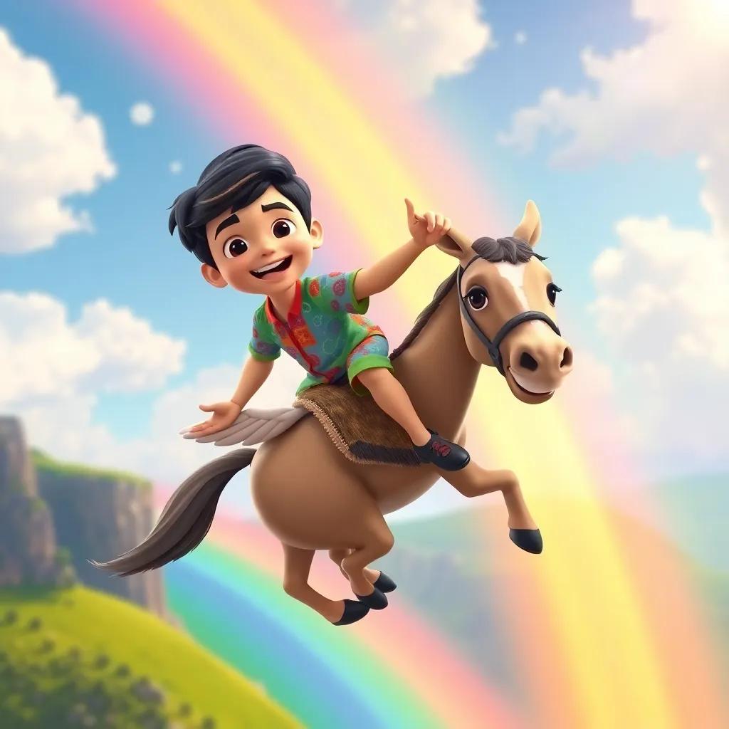 Ali, a young Arabic boy with short black hair wearing a colorful shirt and shorts, flying on the winged mule over a rainbow in a fantastical sky, magical scenery, bright and colorful, joyful expression, fantasy art, enchanting view, high quality