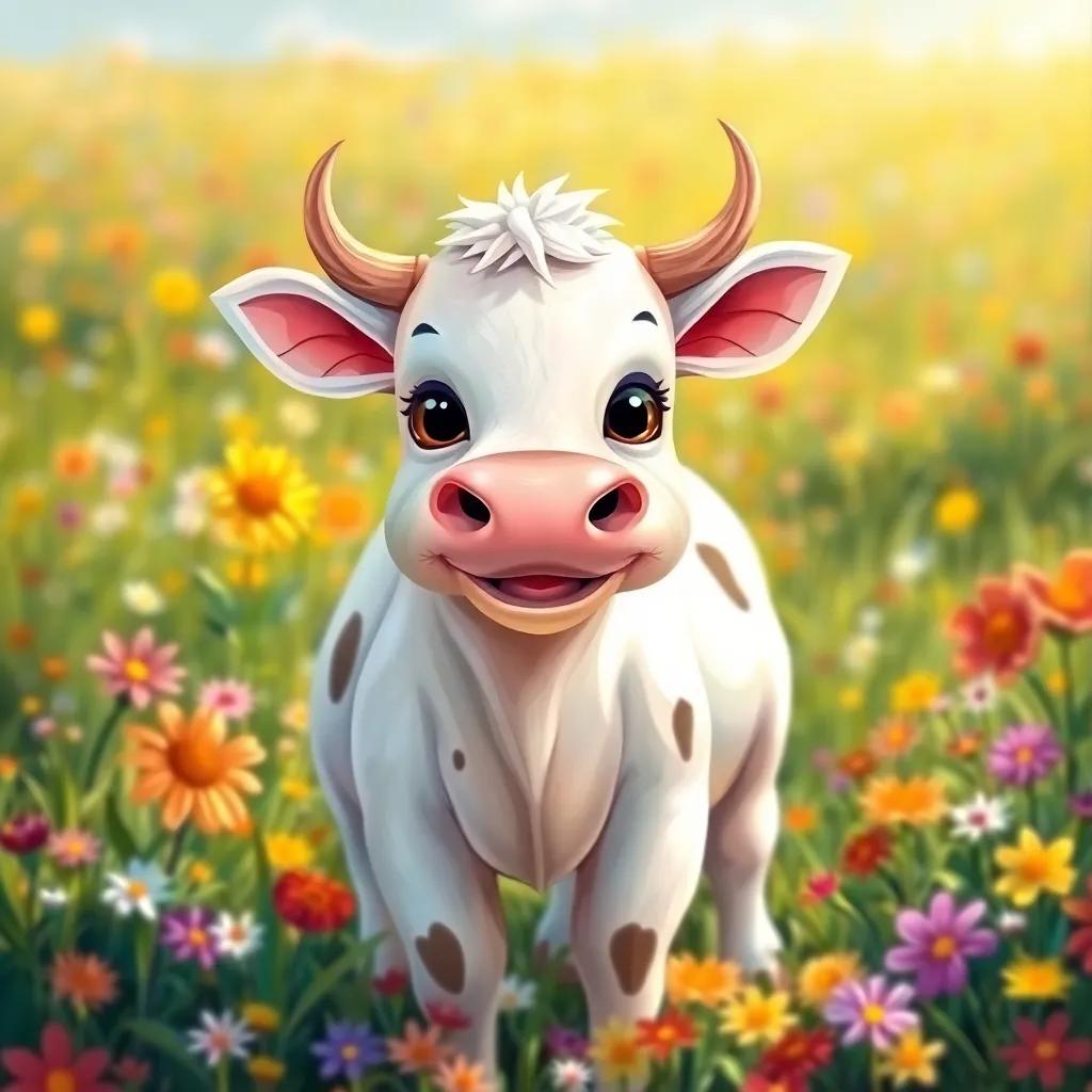 A cute cow named Bobo, with a white body and small horns, standing in a sunny meadow filled with colorful flowers, cheerful and bright atmosphere, digital art, high quality