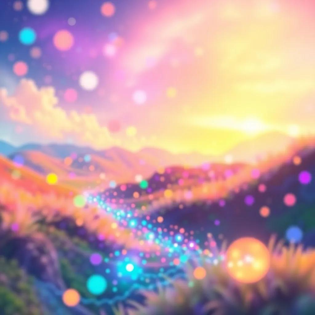 A vibrant and magical world with colorful spots dancing in the horizon, digital art, lively colors, enchanting atmosphere, fantasy theme, high quality